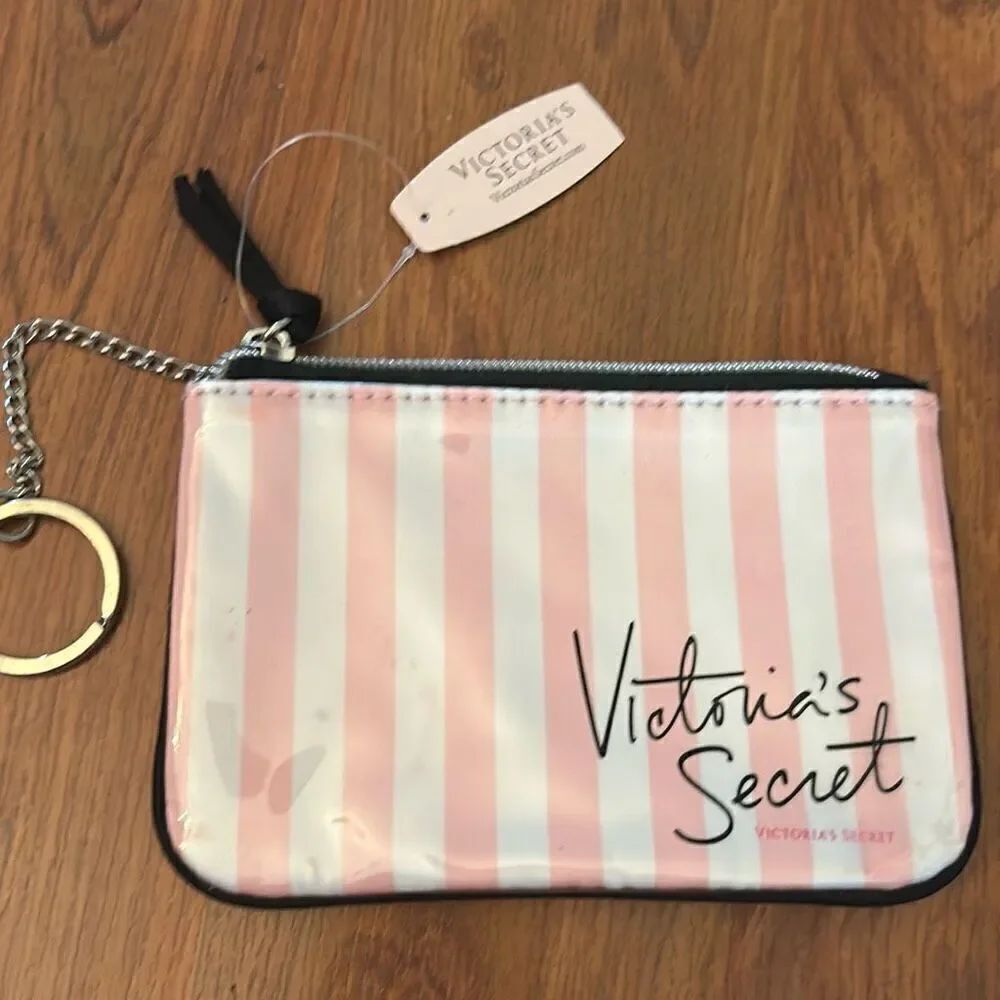 NWT Victoria secret pink and white stripes patent leather purse keychain bag